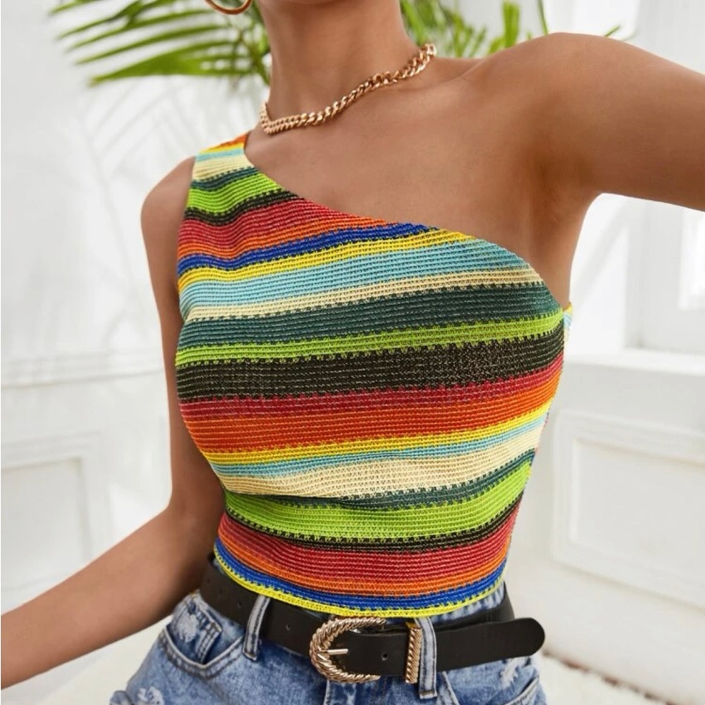 SHEIN VCAY block striped one shoulder top